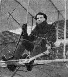 Waldo Ridley Prentice at the controls of the tail-first ASL Valkyrie monoplane. The plane carried the first ever commercial cargo - a box of light bulbs was flown from Shoreham to Hove in April 1911
